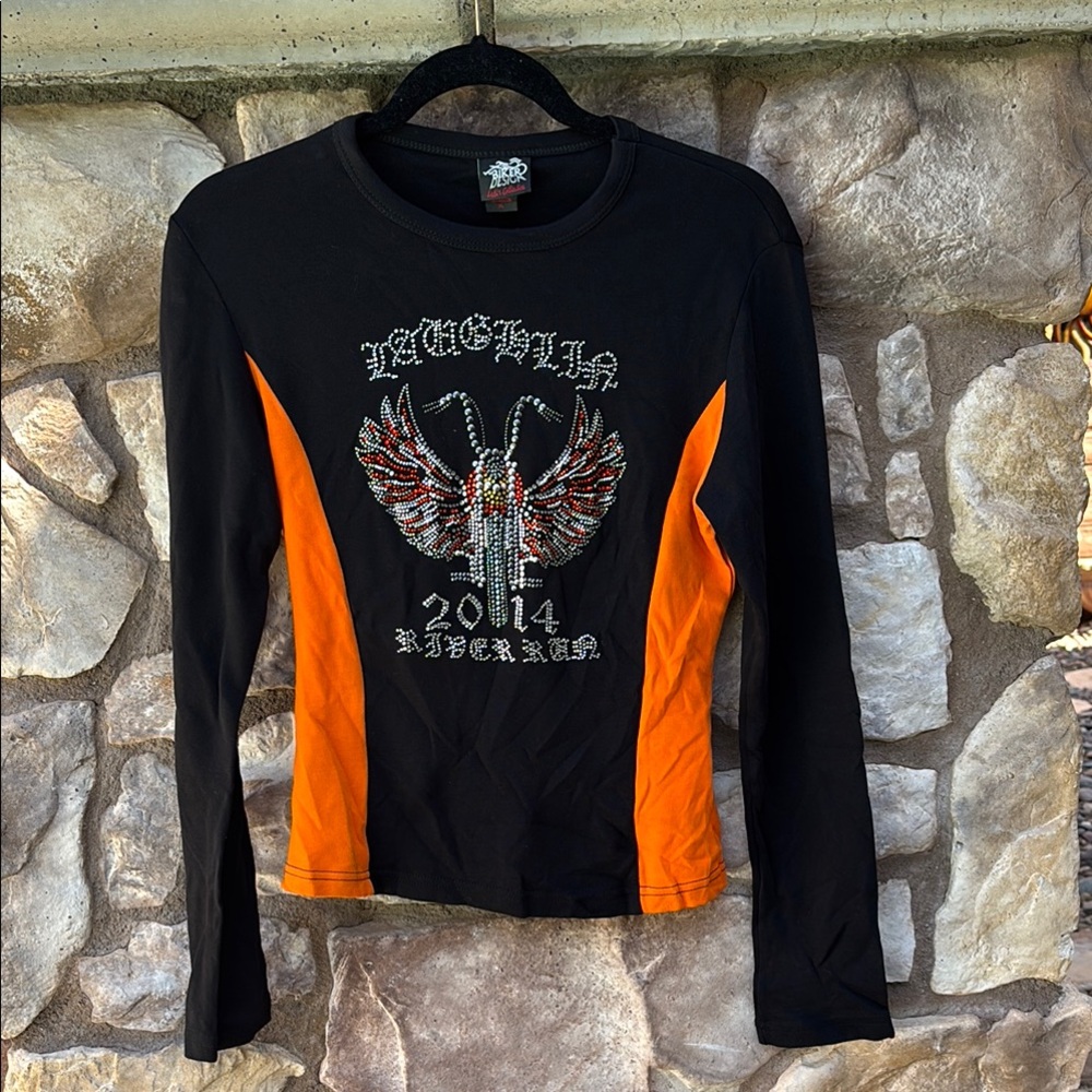 Biker Design Rhinestone T-shirt Long Sleeve Graphic Black Orange Size XL 2014
